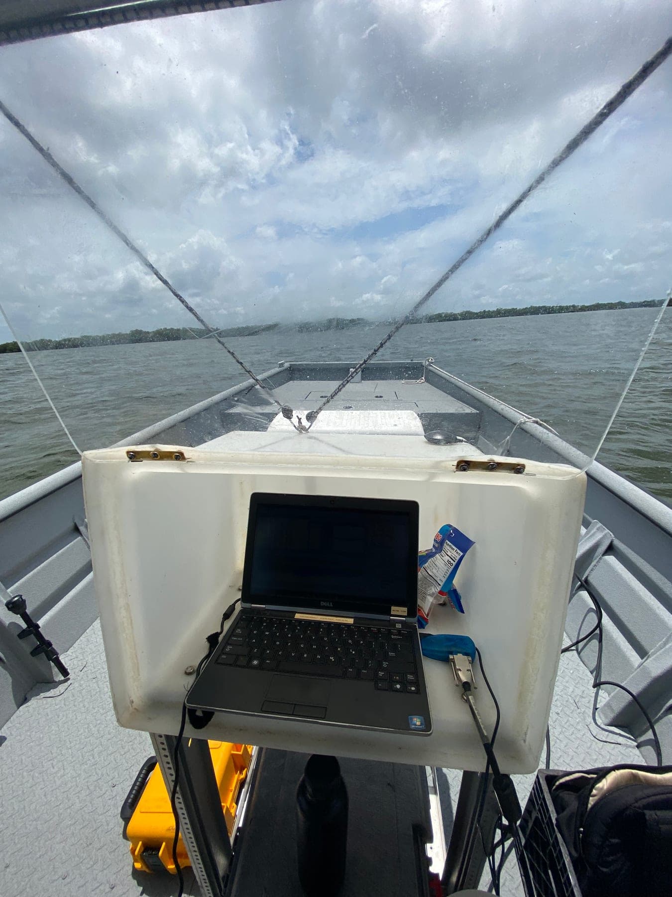 Shipboard data acquisition station running during continuous cross-sectional ADCP transects. Real-time monitoring of velocity profiles, boat track, and data quality throughout the tidal cycle.