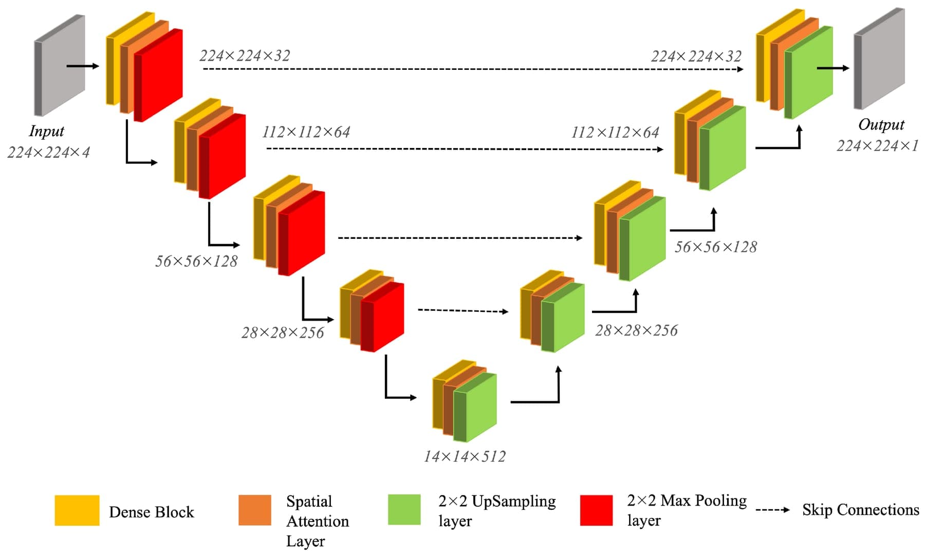Architecture of the proposed ADU-Net model combining Dense U-Net with spatial attention mechanisms for high-resolution tidal creek segmentation.